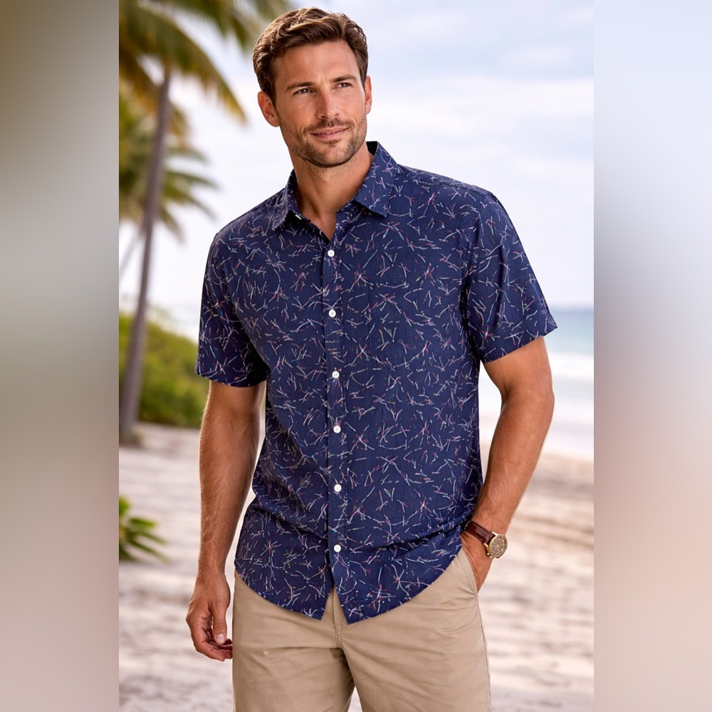 Men's Navy Short-Sleeve Button-Down Shirt with Subtle Multicolor Print